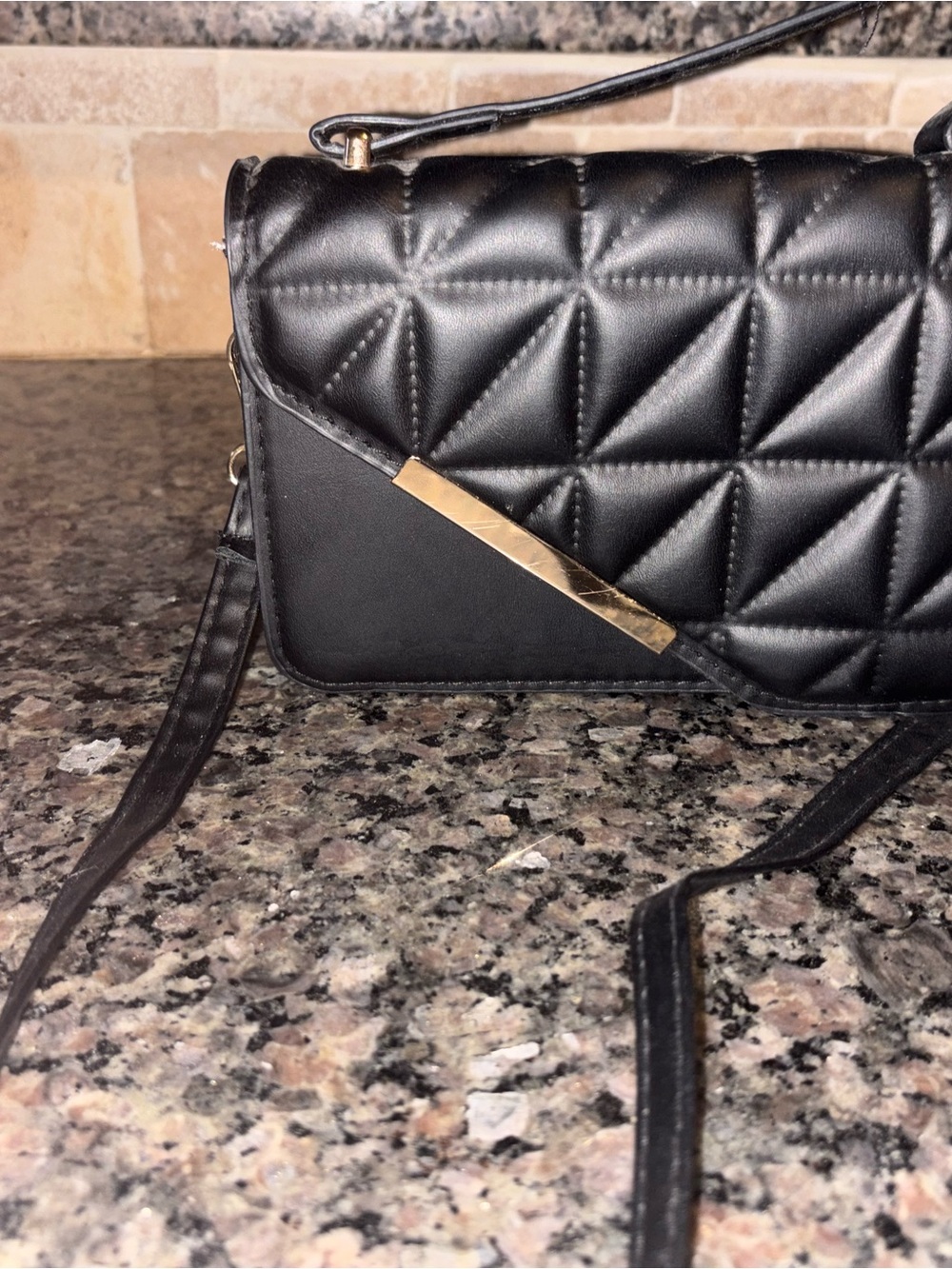 Quilted Black Shoulder Bag with Gold Accent - Women